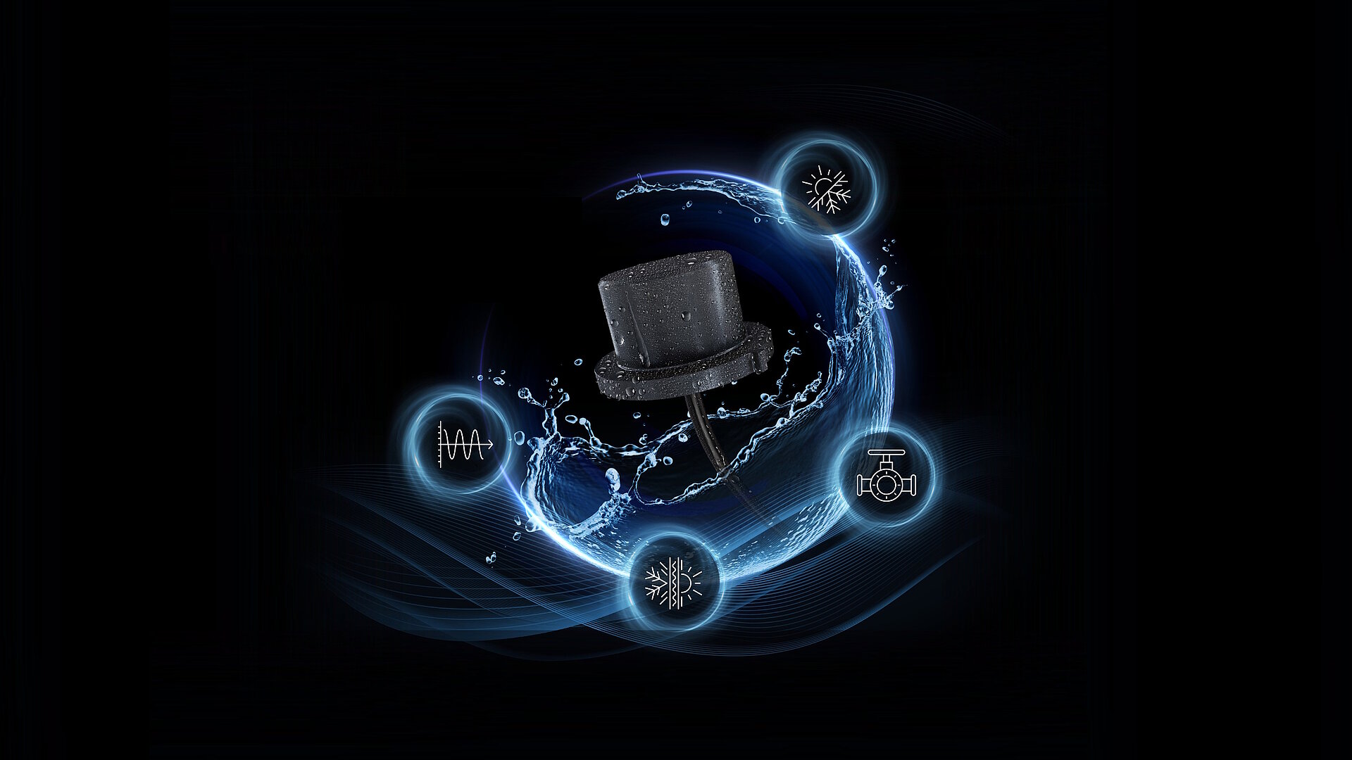 CeramTec flow sensor against a black background surrounded by performance symbols