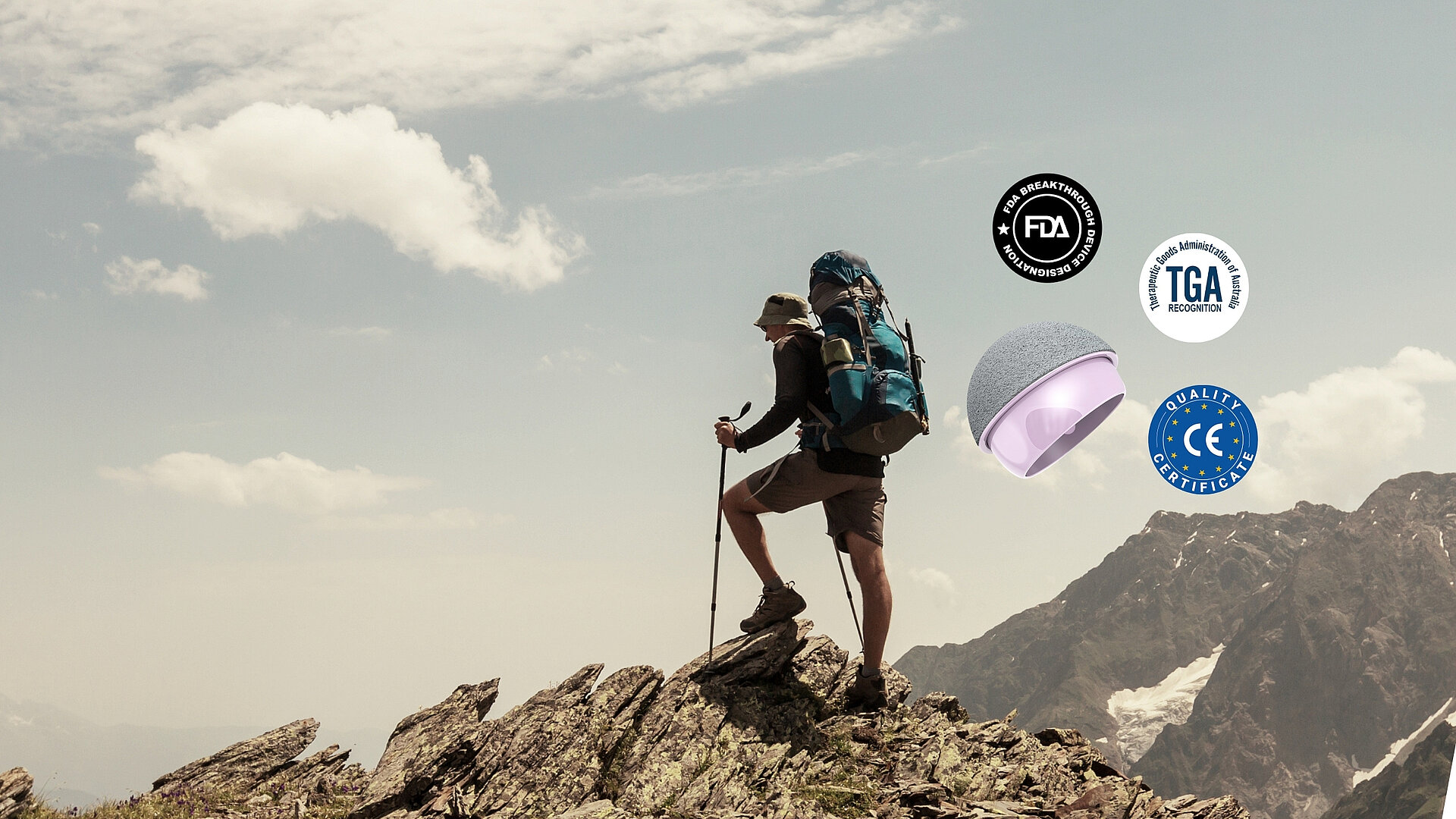A hiker with a large backpack and trekking poles stands atop a rocky mountain peak under a partly cloudy sky. The image highlights MatOrtho’s internationally recognized medical certifications: FDA Breakthrough Device Designation (USA, 2023), recognition by the Therapeutic Goods Administration (Australia, 2024), and CE marking for the European market (2025).