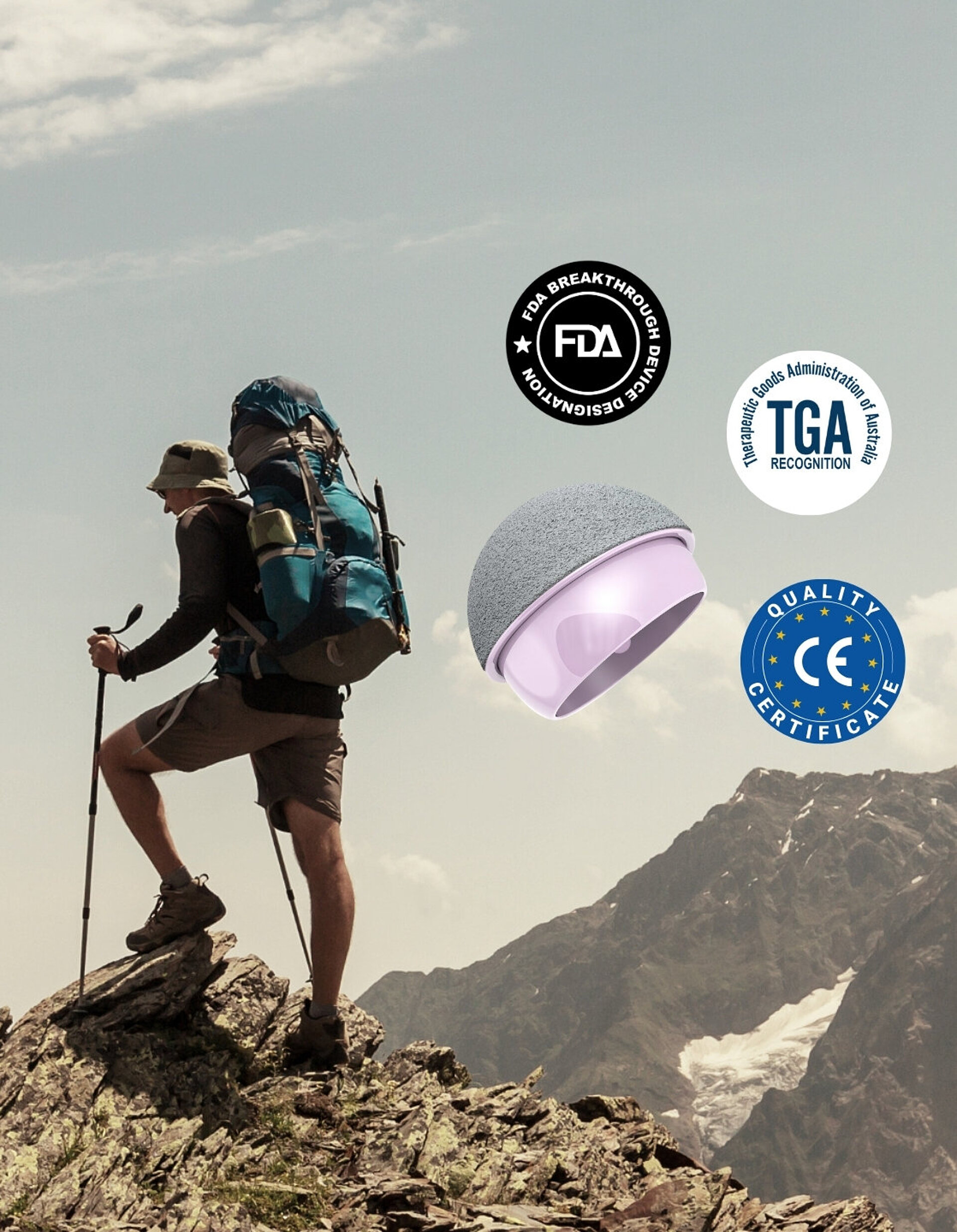 A hiker with a large backpack and trekking poles stands atop a rocky mountain peak under a partly cloudy sky. The image highlights MatOrtho’s internationally recognized medical certifications: FDA Breakthrough Device Designation (USA, 2023), recognition by the Therapeutic Goods Administration (Australia, 2024), and CE marking for the European market (2025).