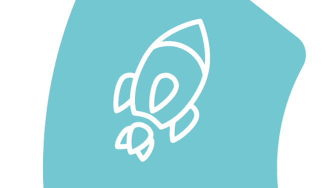 A blue puzzle piece with a rocket on it