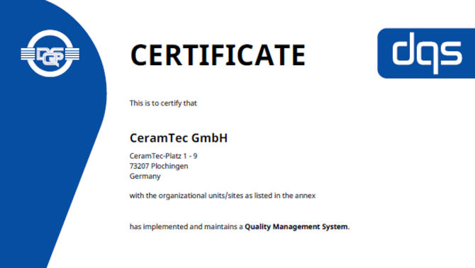 Snímek obrazovky certifikátu ISO 9001 pro CeramTec Šumperk