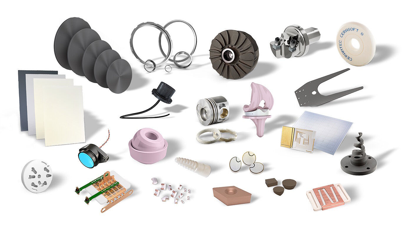 Wide selection of products made of high-performance ceramics from CeramTec against a white background
