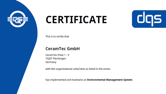 Snímek obrazovky certifikátu ISO 14001 pro CeramTec Šumperk
