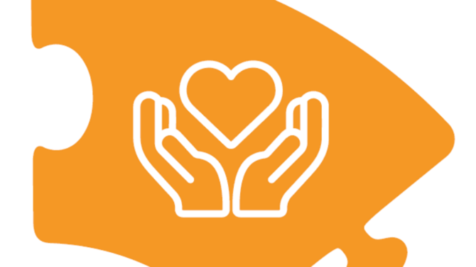 An orange puzzle piece with open hands and a heart in the middle