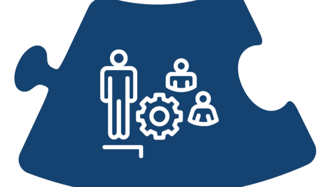 A piece of a puzzle with a lup zooming in on people