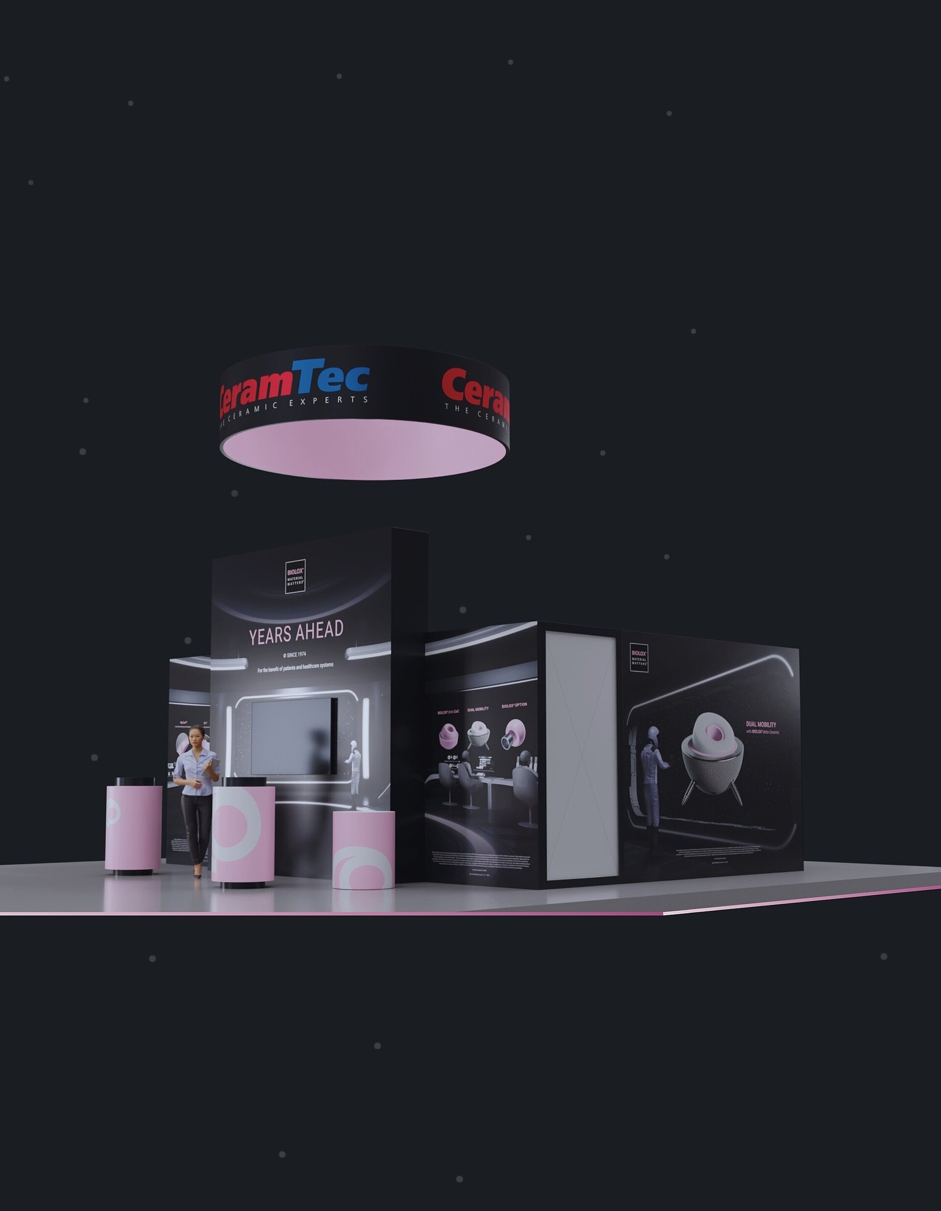 Exhibition booth displaying advanced orthopedic ceramic materials and implant technologies, presented at AAOS 2026 in New Orleans, USA.