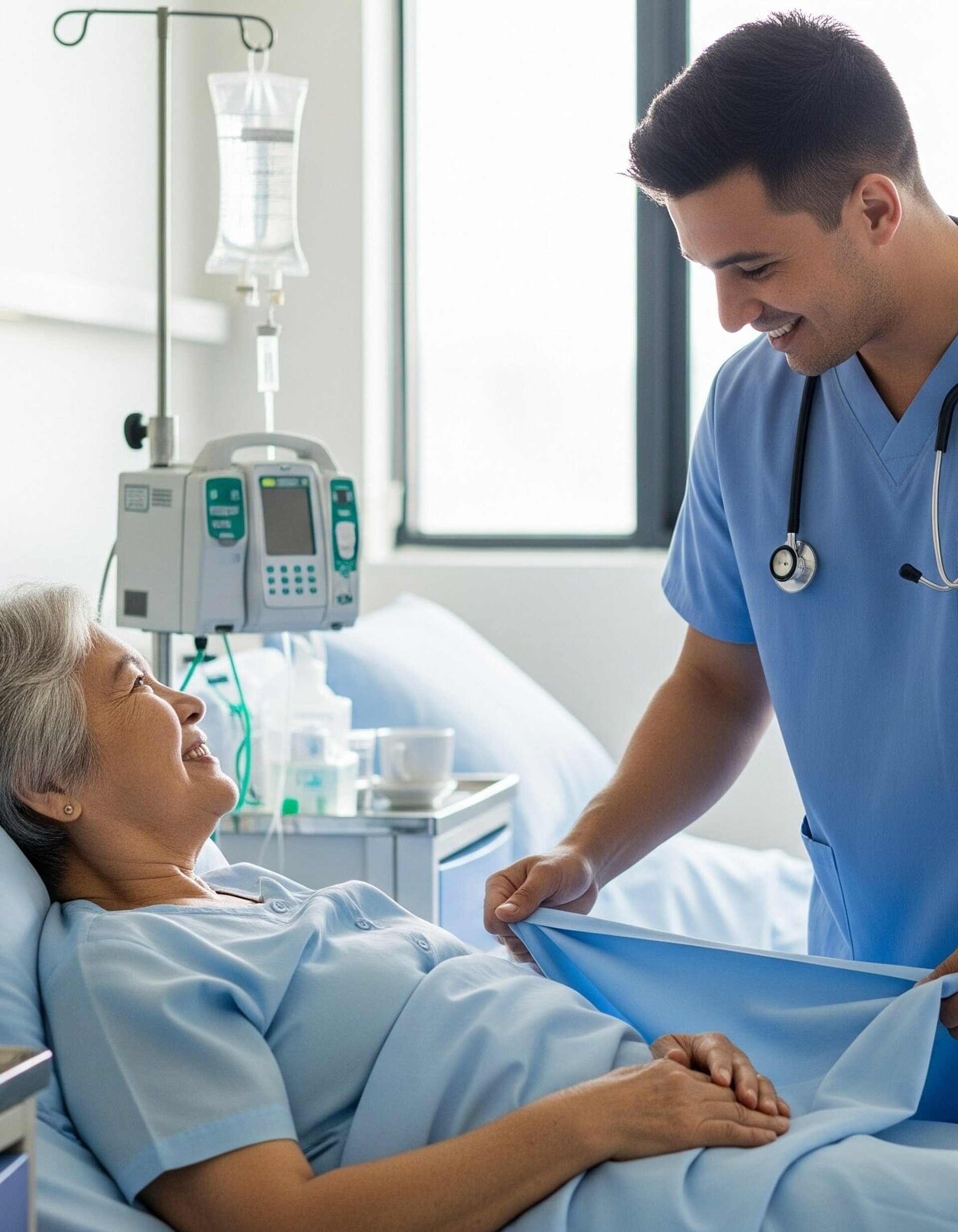 Caring male nurse adjusting hospital bed sheets for a smiling senior female patient