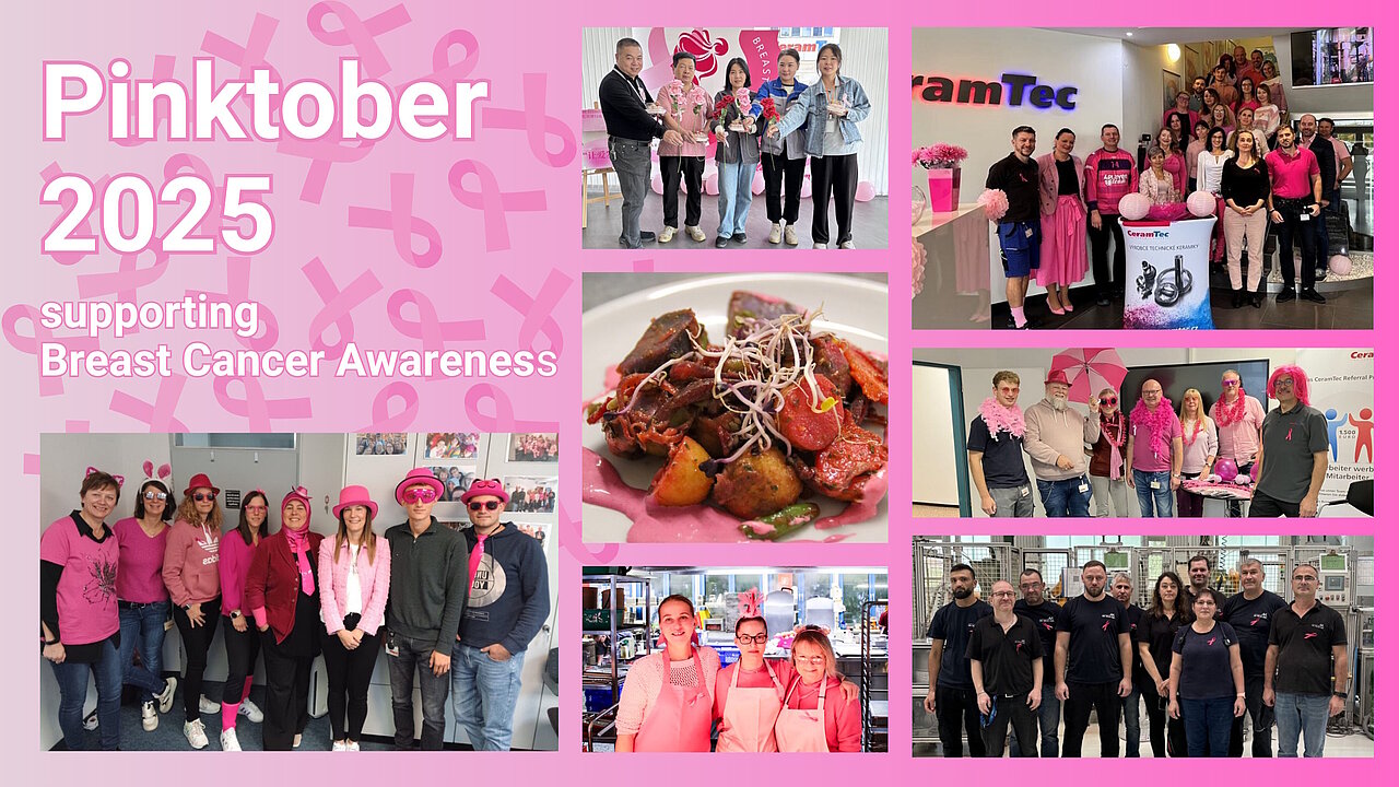 Collage with pink campaign images at CeramTec to raise awareness of breast cancer screening in October