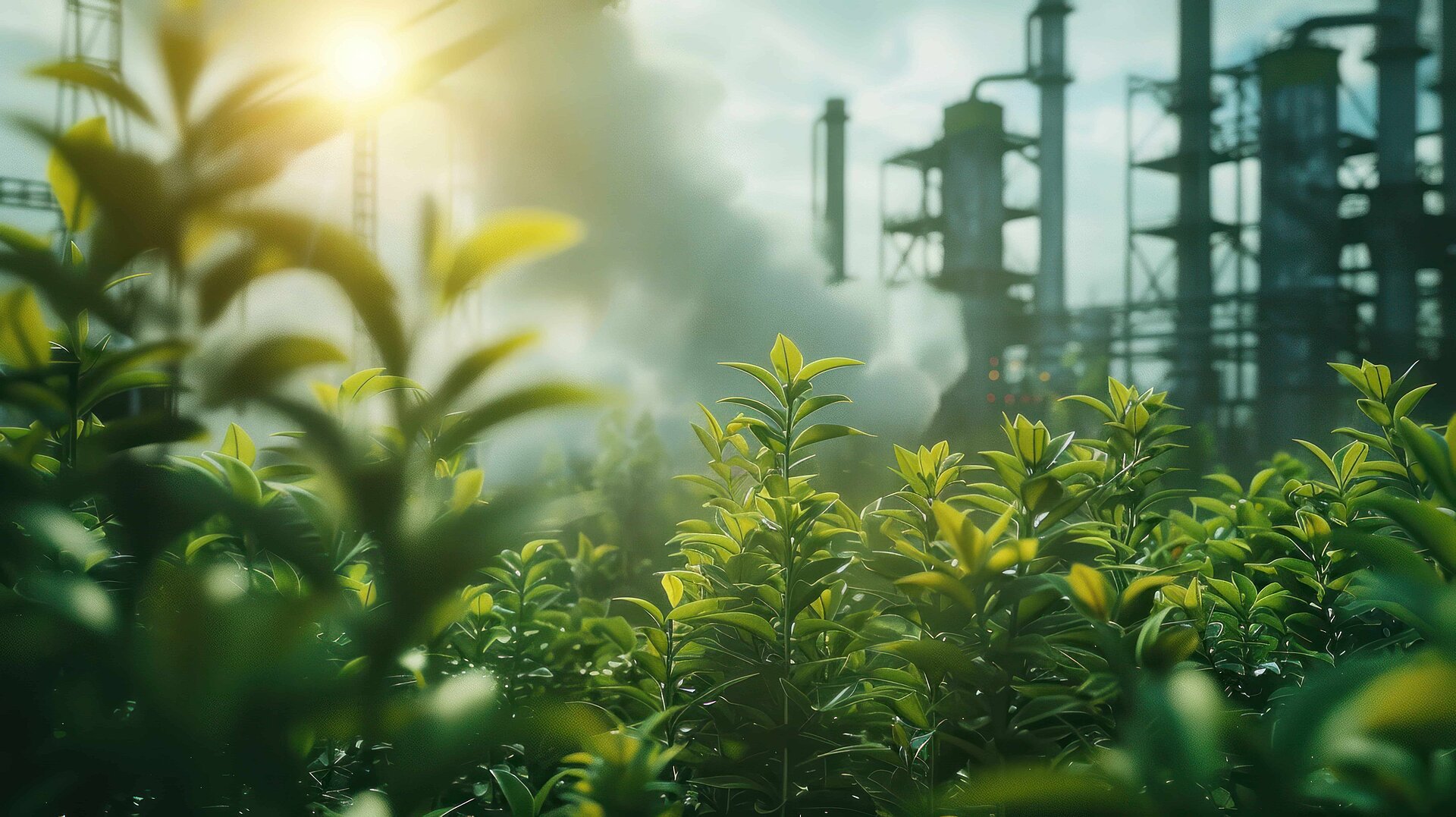 Plants in the foreground, an industrial facility in the background